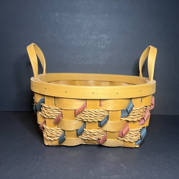 VTG Matching Set of 2 Tan, Red & Blue Roped Twisted Wicker Baskets w/ Handles - Picture 2 of 12